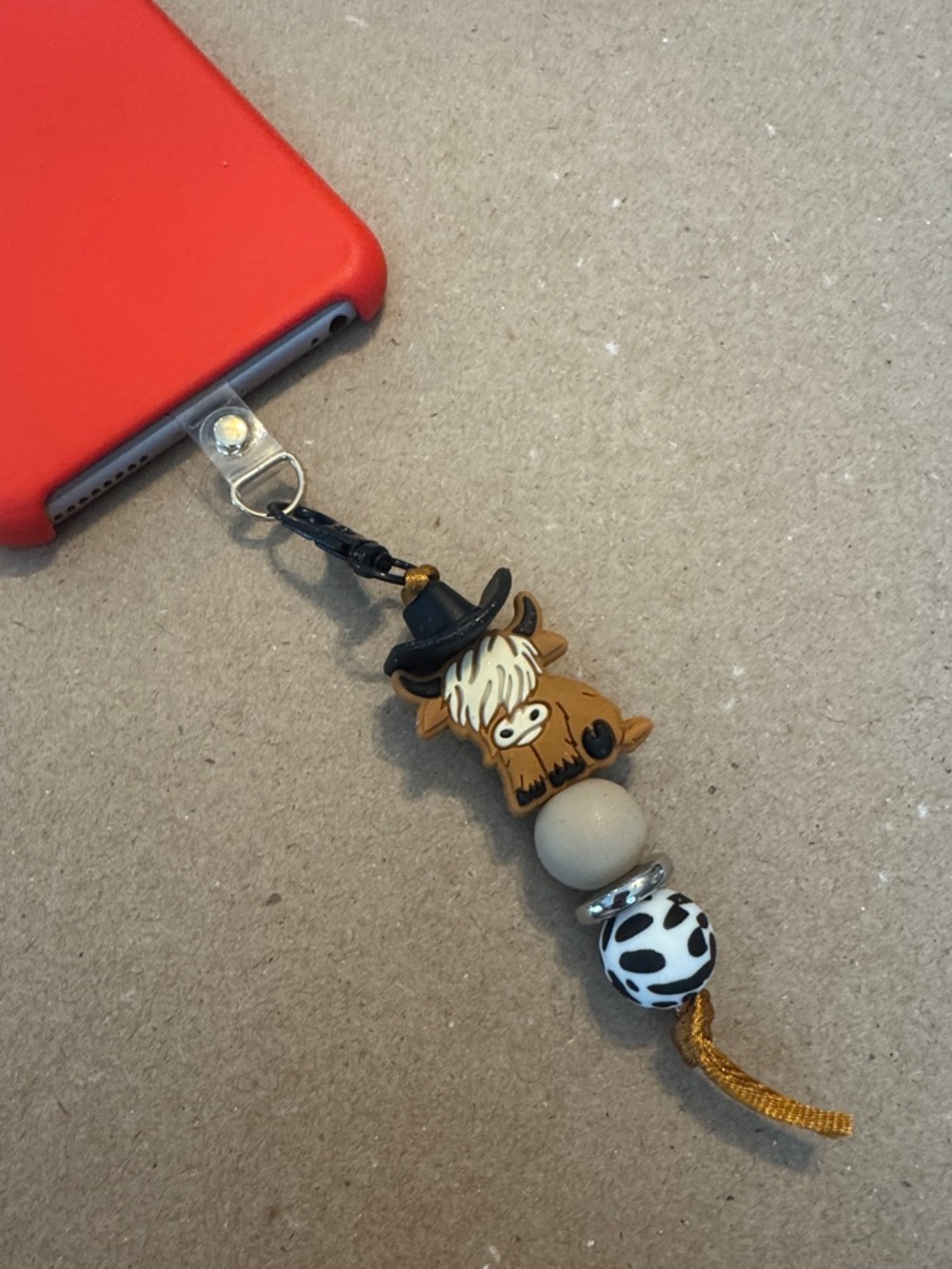Cow Charm Phone Strap with Beads - Brown/Black/White